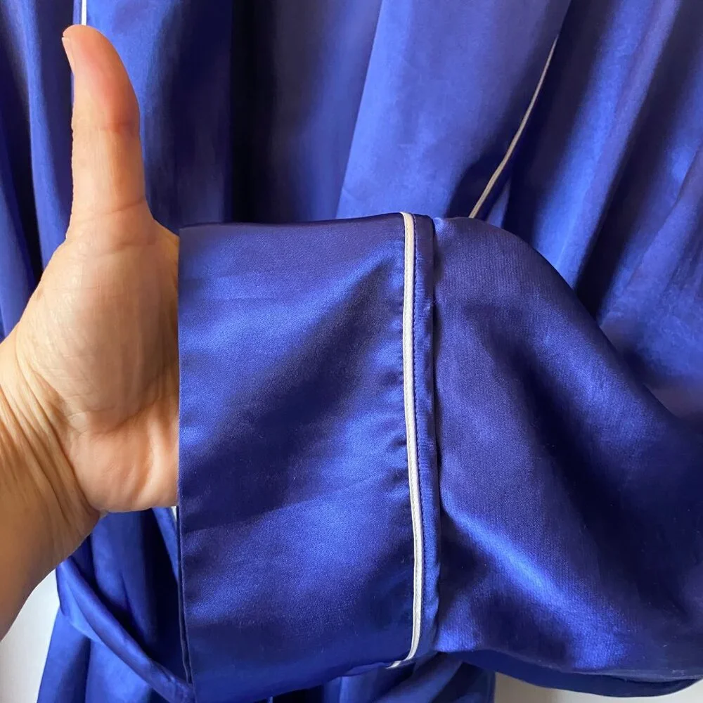 Victorias‎ Secret Royal Blue Maxi Satin Robe White Piping Pockets Women M/L
